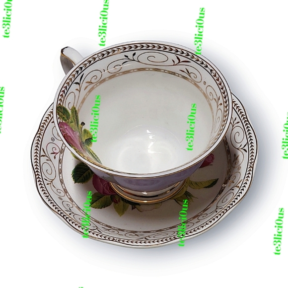 GRACE TEAWARE LAVENDER FLORAL ROSE GOLD TRIM FINE PORCELAIN TEACUP & SAUCER - Picture 5 of 15